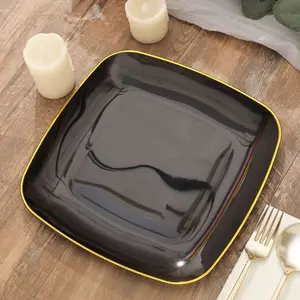 10-Pack Plastic Square Dinner Plates 10" Black with Gold Rim - Sleek Disposable Lunch Party Plates