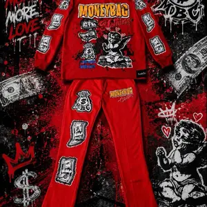 Money Bag Crewneck Flare Pants Set - Red Long Sleeve Top & Matching Flared Trousers for Casual Wear
