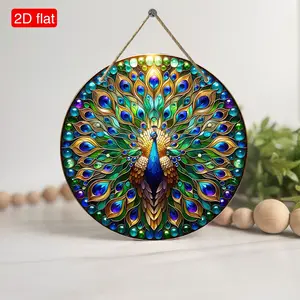 Peacock Garden Decoration, Wooden Peacock Ring Sign, Artificial Glass Wood Peacock Decor, Wall Art Plaque, Suitable for Bedroom Living Room