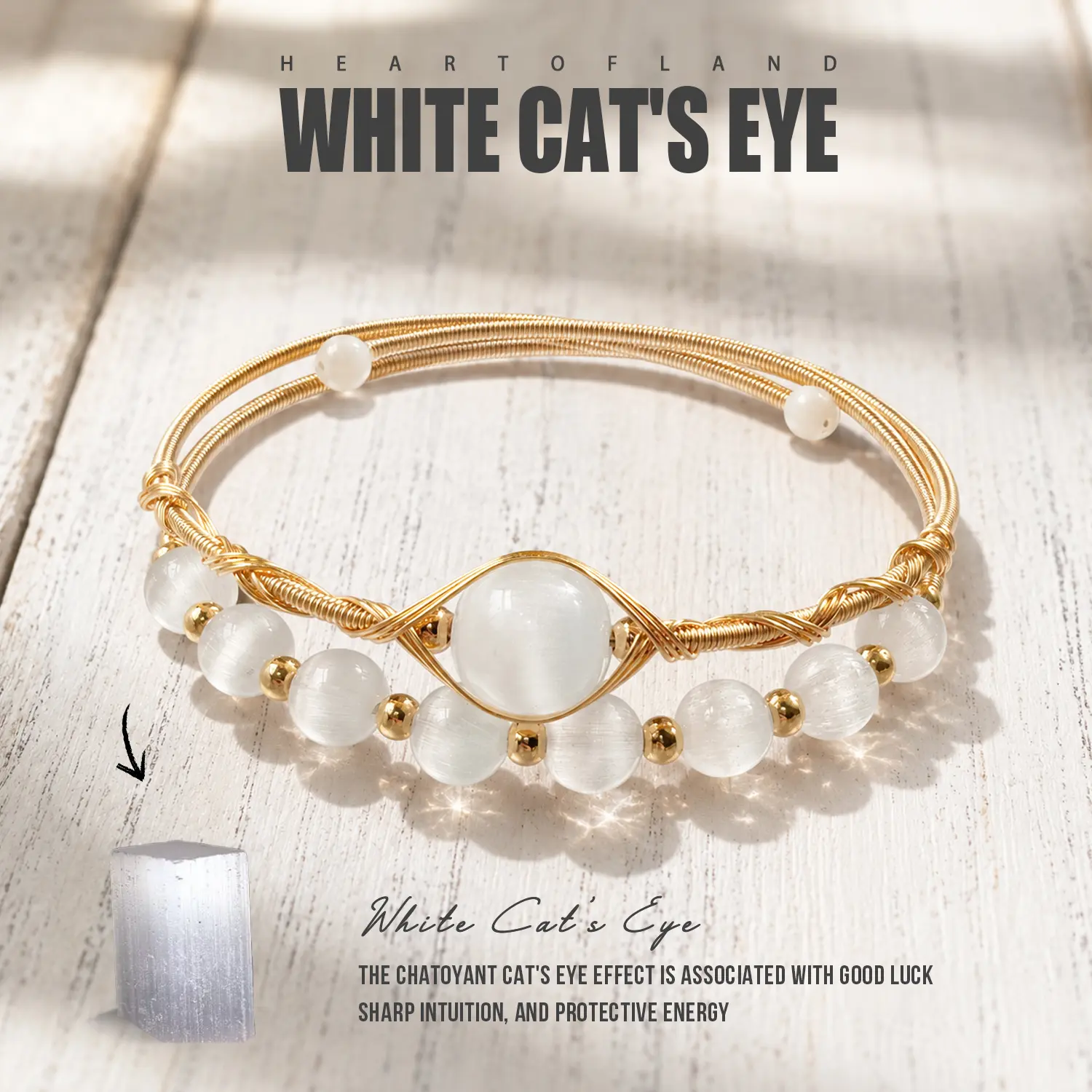 Heartofland Women's white cat-eye bracelet, gold wire-wrapped bangle, minimalist bohemian-style jewelry, gift.