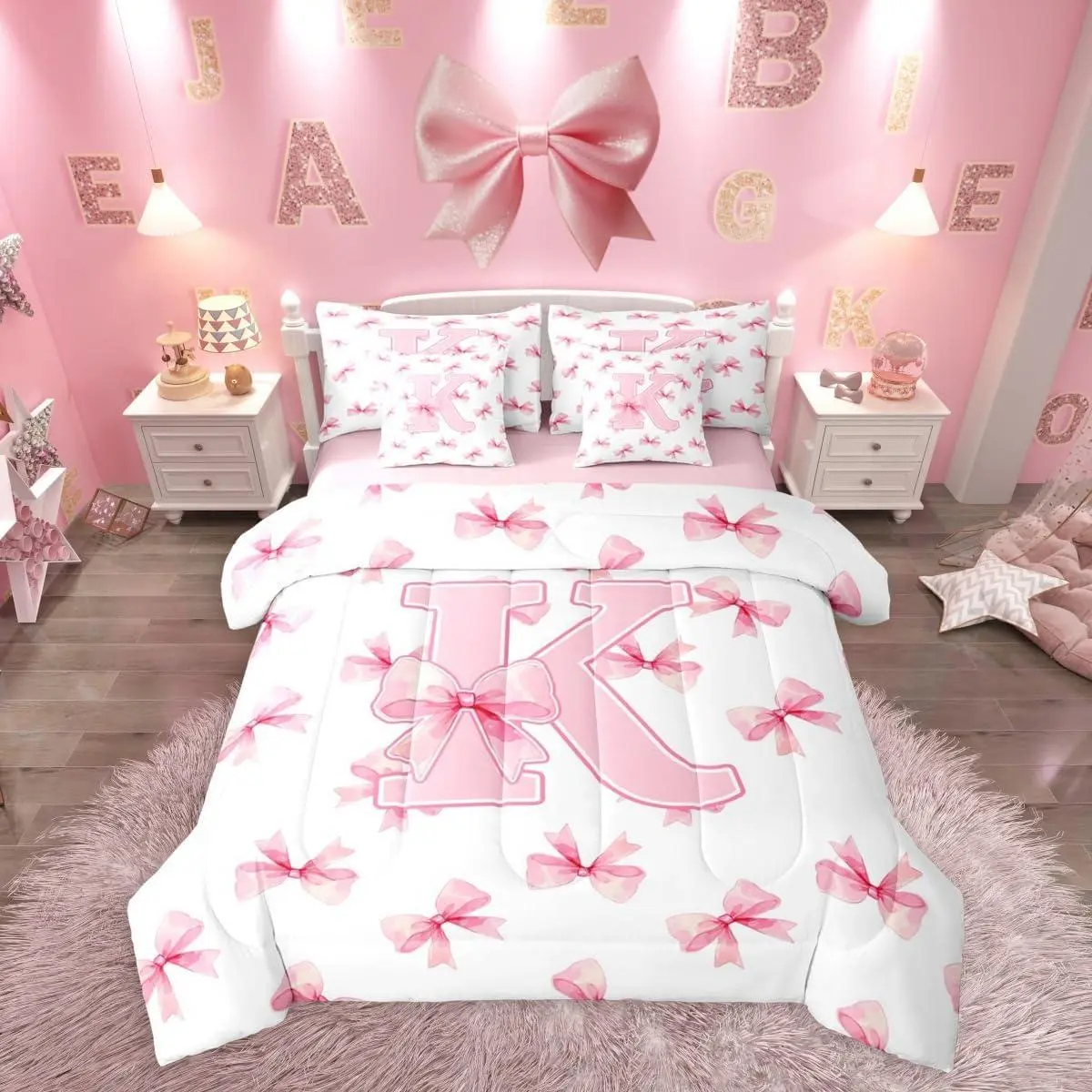 Initial Alphabet K 7 Pieces Bedding Set,Pink Bow Letter Bed in a Bag,Cute Ribbon Bows Bed Set Includes Comforter,Sheet Set,Pillowcases & Pillow Covers,Preppy Bowknot Bedroom Decor