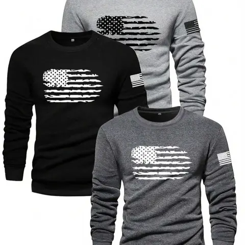 Men's American Flag Print Round Neck Patriotic Graphic Sweatshirt, Regular Fit Casual Long Sleeve Pullover for Daily Wear, Men's Top for Fall & Winter, Graphic Sweatshirts
