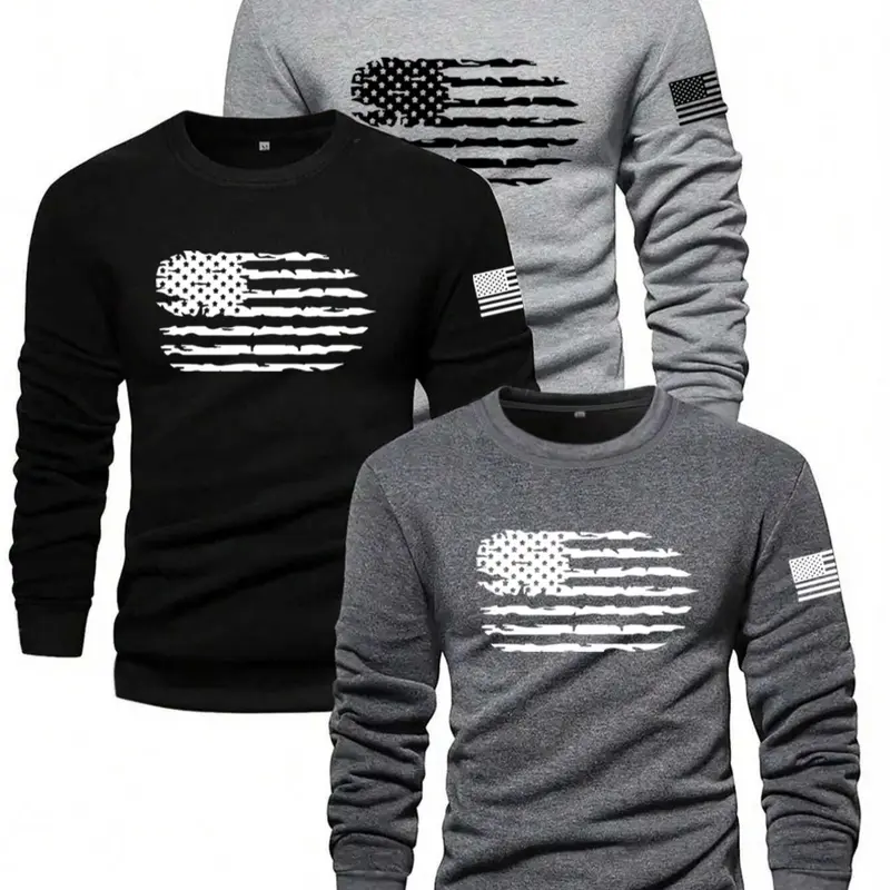 Men's American Flag Print Round Neck Patriotic Graphic Sweatshirt, Regular Fit Casual Long Sleeve Pullover for Daily Wear, Men's Top for Fall & Winter, Graphic Sweatshirts