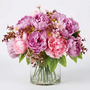 Silk Peonies in Glass Vase with Faux Water: Real Touch Table Centerpiece Decor