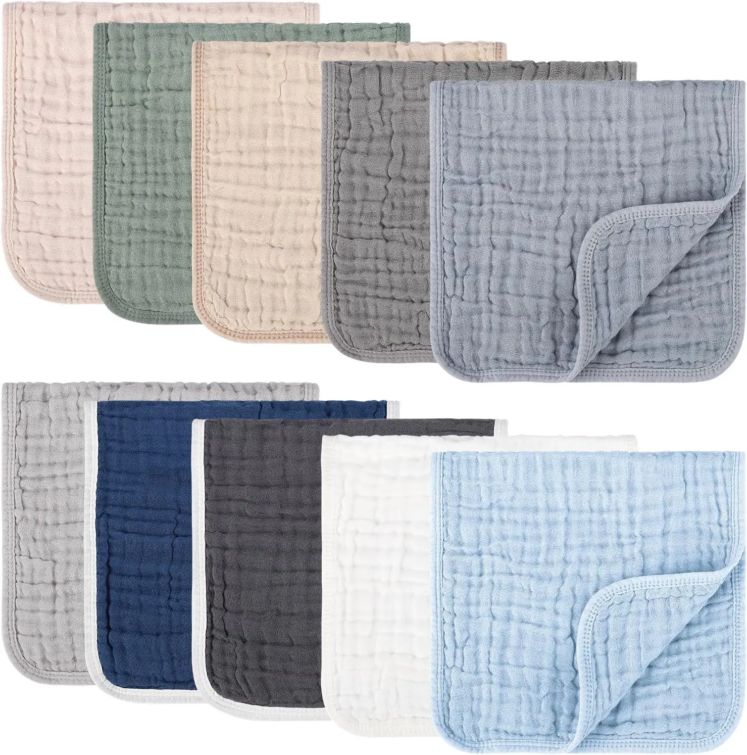 10 Pack Muslin Burp Cloths, 20x10Inch, 10 Mixed Colors, Soft Absorbent Baby Burping Rags