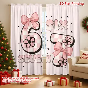 2D Flat Printed 2pcs Pink Checkered Bow with Interesting Numbers 67 Printed Decorative Curtains, Window Curtain, Insulated and Blackout Privacy Panel, Woven Polyester Brushed Fabric, Suitable for Various Rooms