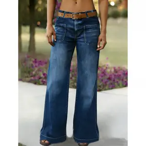 Wide Leg Jeans for Women Mid Waist Baggy Stitch Decor Denim Washed Pants Without Belt Medium Blue Womenswear Bottom