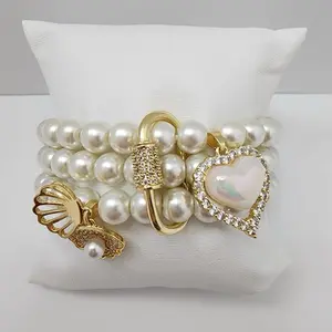 Gold laminated elastic Bracelet with Lab made pearls- Chic & Sophisticated Design for Casual & Formal Occasions - Comfortable Wear - Versatile Jewelry Accessory