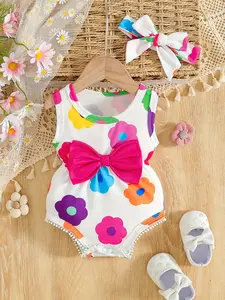 Girls' clothing, summer jumpsuit for girls, sleeveless jumpsuit for baby girls, Baby Clothes Girl, fully printed with colorful flower patterns+large pink bow decoration+same series color stripe headband, baby girl birthday gift, Easter gift