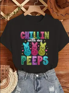 Easter Bunny & Egg Print T-Shirt with "Chillin' with My Peeps" Graphic - 100% Polyester Crew Neck Short Sleeve Tee, Machine Washable Lightweight Summer Top for Easter Celebrations & Casual Wear