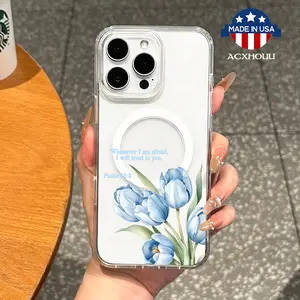 Girly Magnetic Case for iPhone11/12/13/14/15/16/promax, Blue tulips, Psalm quote MagSafe Ready, Slim Fit, Drop-Proof | Perfect for Soft Girl Aesthetic