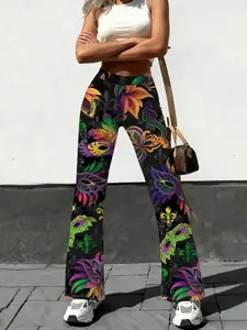 Comfortable High-Waisted Yoga Pants, New Orleans Mardi Gras Pattern All over Print, Casual Fitted Long Pants for Daily Wear
