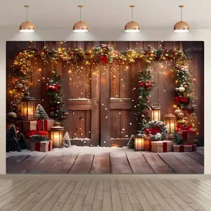 Wooden Board Pattern Christmas Themed Backdrop, Wall Hanging Backdrop, 1 Count Christmas Party Decoration Banner, Wall Decoration, Photography Background, Indoor & Outdoor Decoration, Home Decor, Ornaments