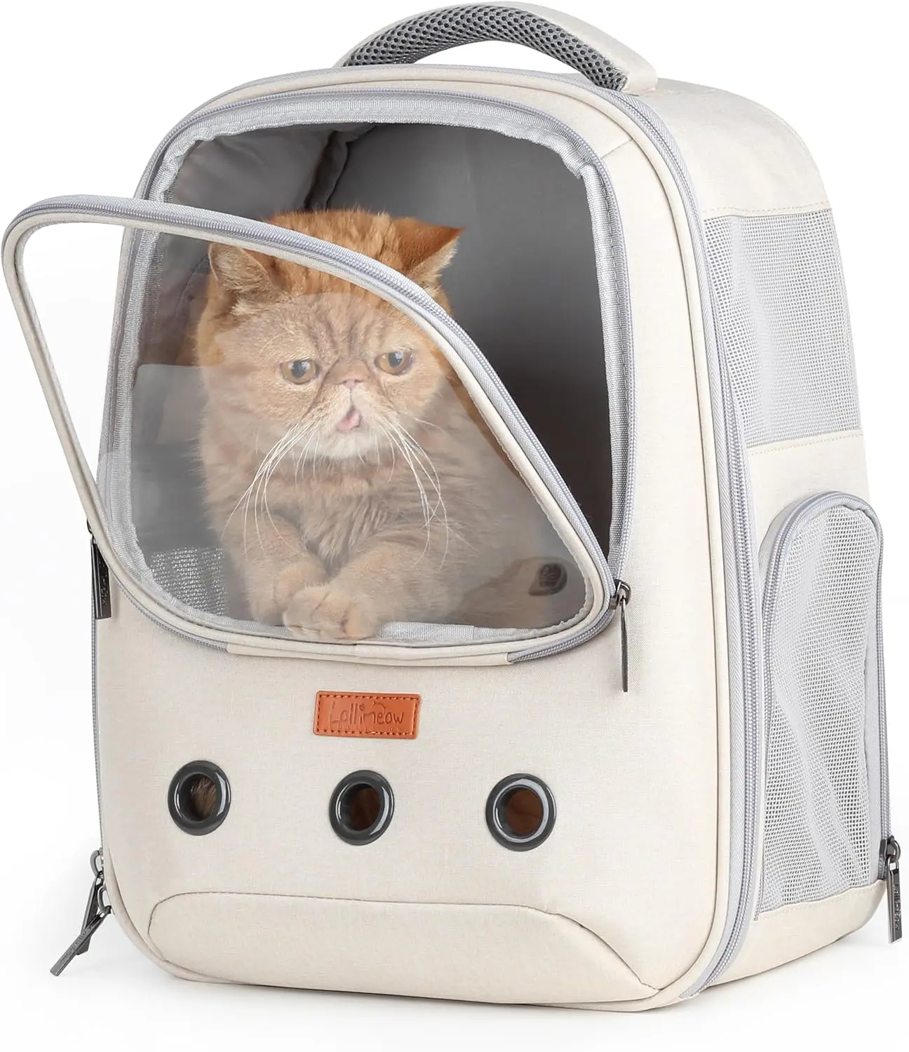 Beige Airline-Approved Pet Carrier Backpack - Bubble Design, Zipper Closure, Buckle Closure, Solid Fabric, Mesh Panels, 12.6" L x 10" W x 16.5" H, for 0-10lbs Cats & Puppies, Ideal for Travel & Hiking