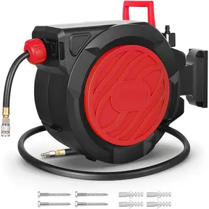 Retractable Air Hose Reel, 3/8" x 100 ft Hybrid Air Hose Max 300PSI, Enclosed Air Compressor Hose Reel with Auto Rewind & 6.5 ft Lead-In Hose, 180? Swivel Wall/Ceiling Mount
