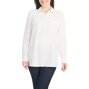 Hilary Radley Women's Roll Tab Sleeve Blouse, Button Down, Long Sleeve, Crinkle Top with Chest Pockets (US, Alpha, Large, Regular, Regular, Ivory)