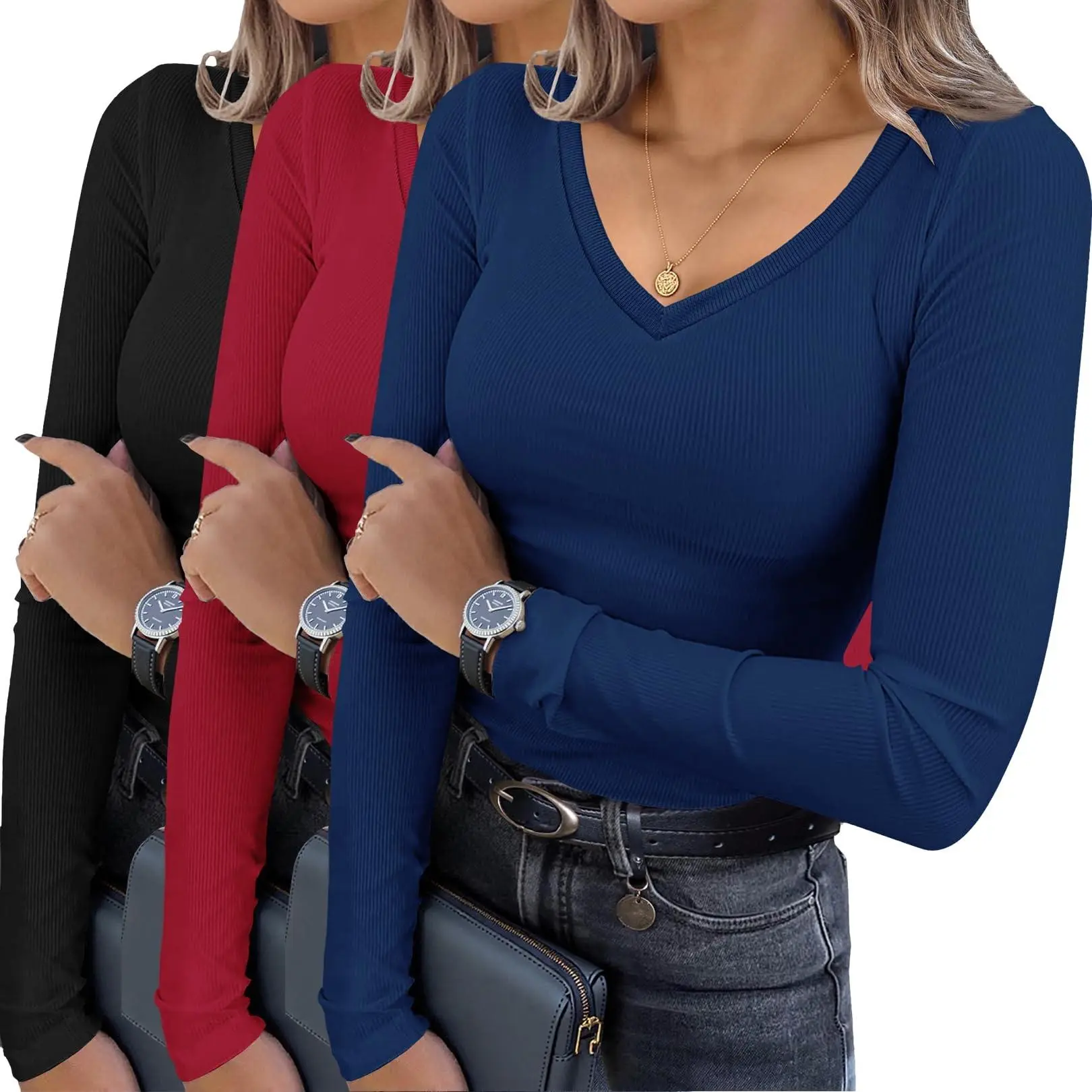 Ekouaer Women's Thermal Undershirts, 3-Pack Ribbed Long Sleeve V-Neck Tops, Slim Fit Basic Casual Clothing, Women's Clothes, Solid Colors