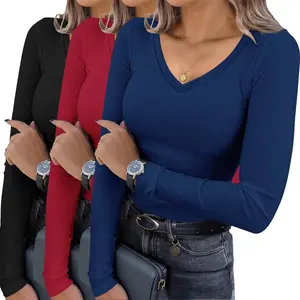 Ekouaer Women's 3-Pack Ribbed V-Neck Long-Sleeve Slim-Fit Thermal Undershirts, Basic Casual Clothes, Sizes XS-XXL