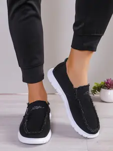 Unisex Casual Low-Top Canvas Shoes, Embroidered Denim Water Wash Loafers, Soft Anti-Slip Wear-Resistant Fashion Walking Shoes