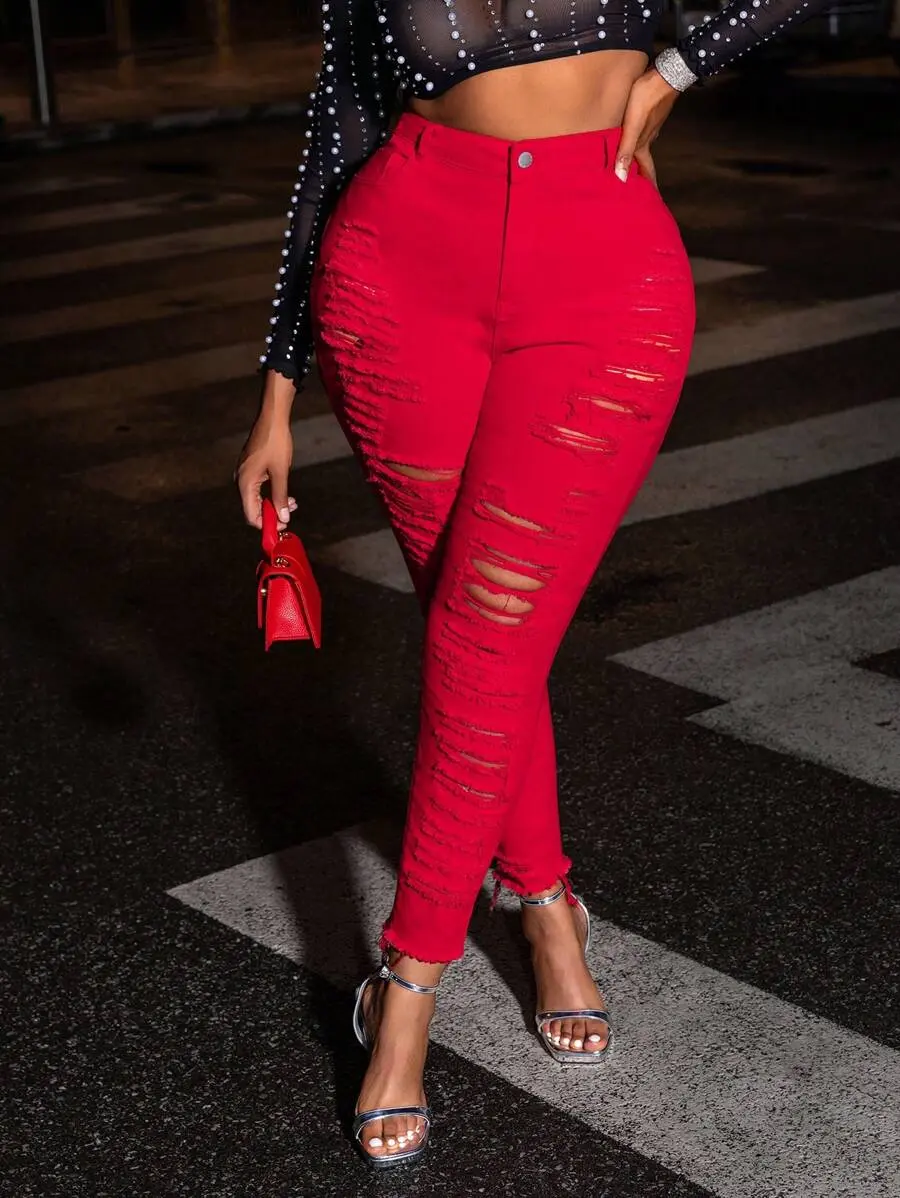 Women's Plus Size Red Ripped Stretch Jeans Fall Pants Curve Pants Curvy Jeans Fall Women Y2K Jeans Korean Fashion Halloween Clothes