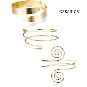 CASSIECA  Adjustable Alloy Metal Arm Cuff - 3-4Pcs Elastic Inner 3.15" Coil Swirls Armlet, Daily Fashion Accessories for Women, Gold Bangle Bracelet Jewelry SummerVibes