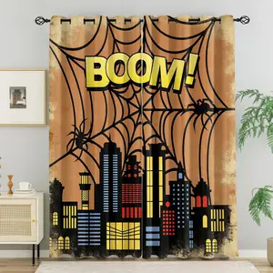 2Pcs Superhero Comic City Blackout Curtains, Spider Web BOOM! Cartoon City Skyline Pattern Thermal Insulated Window Drapes for Kids Bedroom, Game Room & Living Room Home Decor