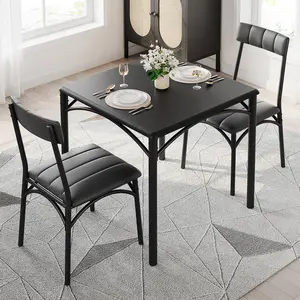 Dining Table Set for 2, Kitchen Table and Chairs for 2 with Upholstered Chairs, 3 Piece Square Kitchen Table Set, Dining Room Table Set for Small Space, Apartment, Retro Black