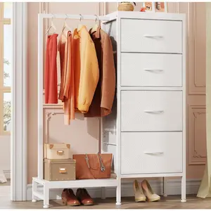 Dresser with Hanging Rack, 4 Drawers Small Closet for Bedroom, Reversible Fabric  Chest of Drawers with Clothes Rack, Tall Storage Tower, Sturdy Frame, White, 44''H