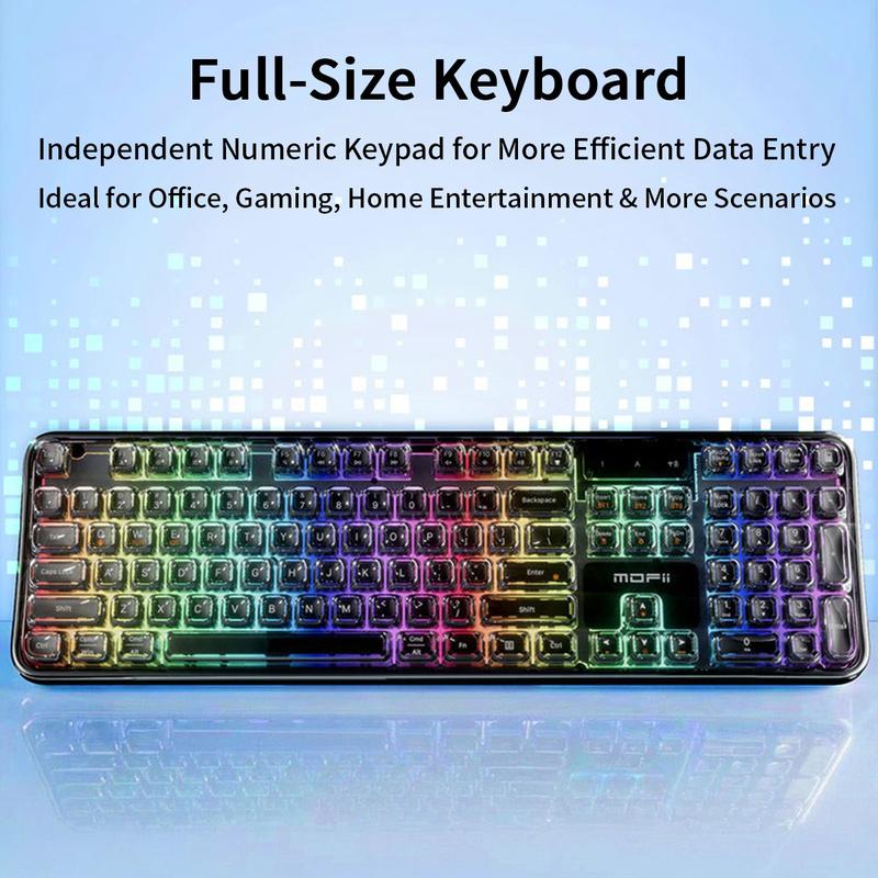 MOFii 708 RGB Backlit Full-Size Keyboard, Stylish White Transparent Keycaps, Tri-Mode Rechargeable, US Qwerty, Compatible with Phones & Tablets, Must-Have for Office & Gaming