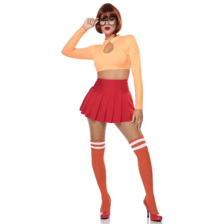 Women's Nerdy Detective Costume Set, 3-Piece Halloween Clothes with Long Sleeve Cutout Top, Pleated Skirt, and Glasses Accessories for Birthday Cosplay Parties, Crop, Pieces