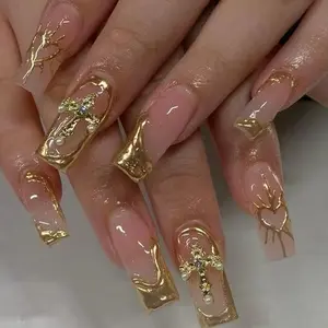 24pcs Medium Long Square French Press-On Nails, Mirror Heart Design, Sparkly Rhinestones, Sweet Style Acrylic False Nail Set for Women and Girls