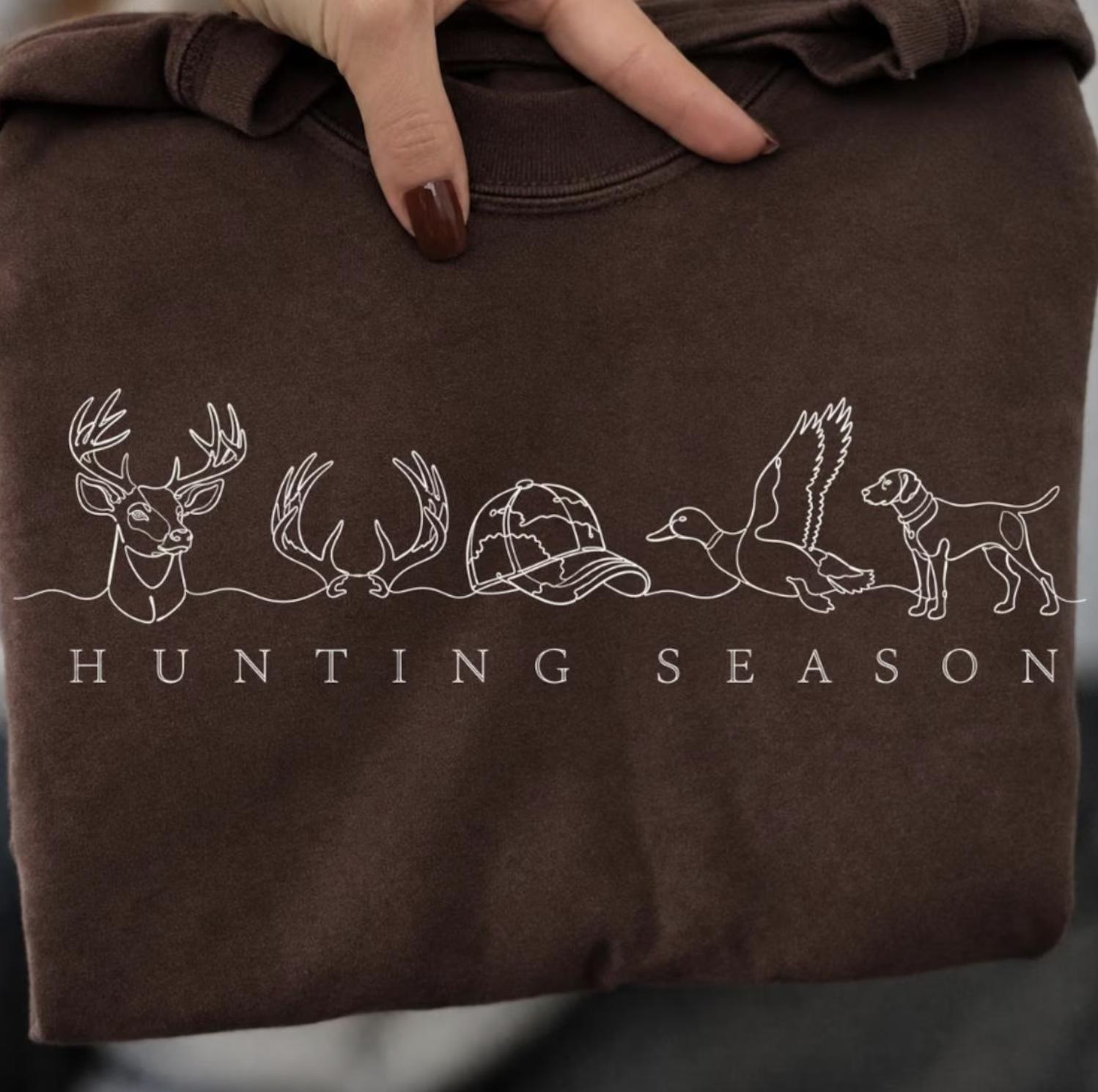 Hunting Season Sweatshirt Or T-Shirt, Continuous Line Art Hunting Sweater, Deer Duck Hunting Shirt, Hunting Dog Tee, Hunter Gift, Outdoor Tee For Her