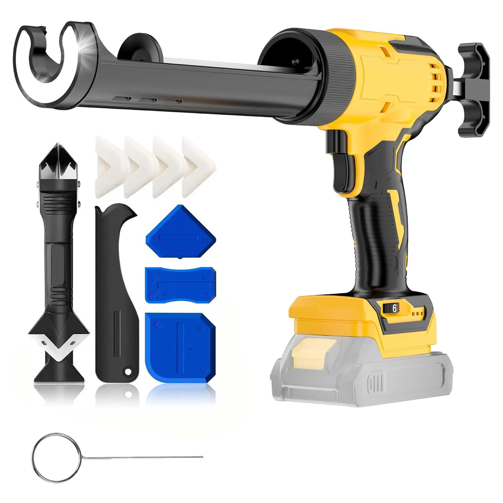 QUEP Electric Cordless Caulking Gun, DeWalt 20V Max Battery Compatible, 6-Speed Control, Drip-Free, 10 oz/300ml Tool with LED Work Light, 1 Multi-Tool Scraper, 2-in-1 Sealing Cap, 3 Nozzle Adapters, Doors and Windows Clean Sealing (Battery Not Included),
