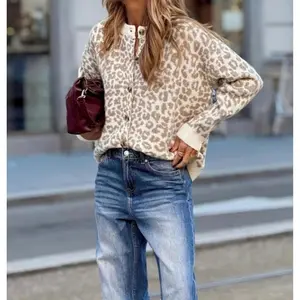 Women's Leopard Print Round Neck Cardigan, Casual Long Sleeve Crew Neck Cardigan for Fall & Winter, Fashion Ladies' Knitwear for Daily Wear