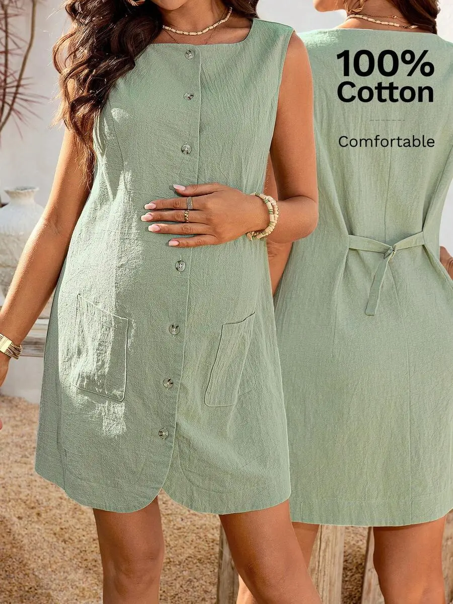 NANCY Maternity Green Button-Front Maternity Dress - Pure Cotton Single-Breasted Collar Dress with Pockets for Commuting