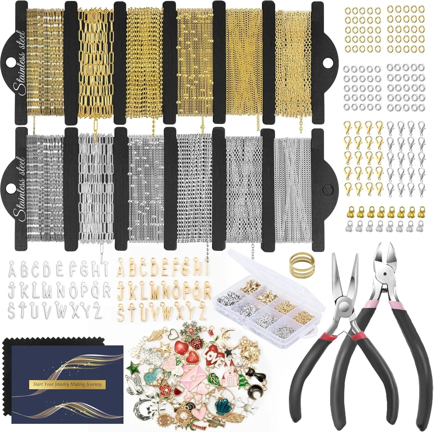 18K Gold Necklace Chain Kit for Jewelry Making, 59FT 12Rolls Bracelet Chains with Charms/Pliers/Jump Rings/Lobster Clasps Accessories for DIY Necklace Bracelet Making