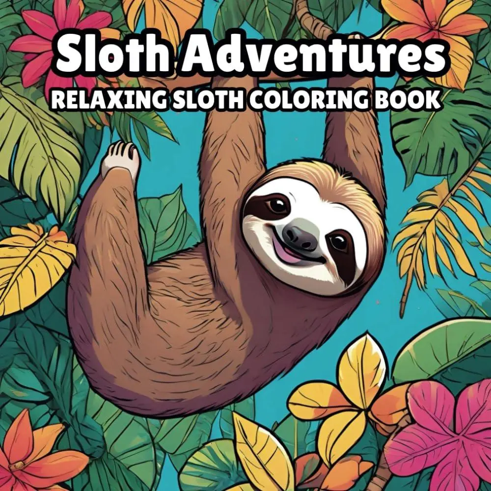 Razbry Reefs LLC Bold & Easy Sloth Coloring Book - Office Art Supplies for Kids & Adults, Cute Sloths in Hammocks, Trees, Tropical Scenes with Big Bold Lines for Relaxing Adventures