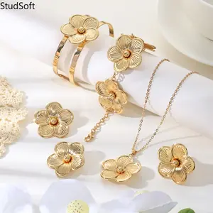 2026 New 5PCS Gold Flower Jewelry Set for Women, Includes Necklace, Bracelet, Cuff Bangle, Earrings and Ring, Vintage Floral Boho Jewelry Gift