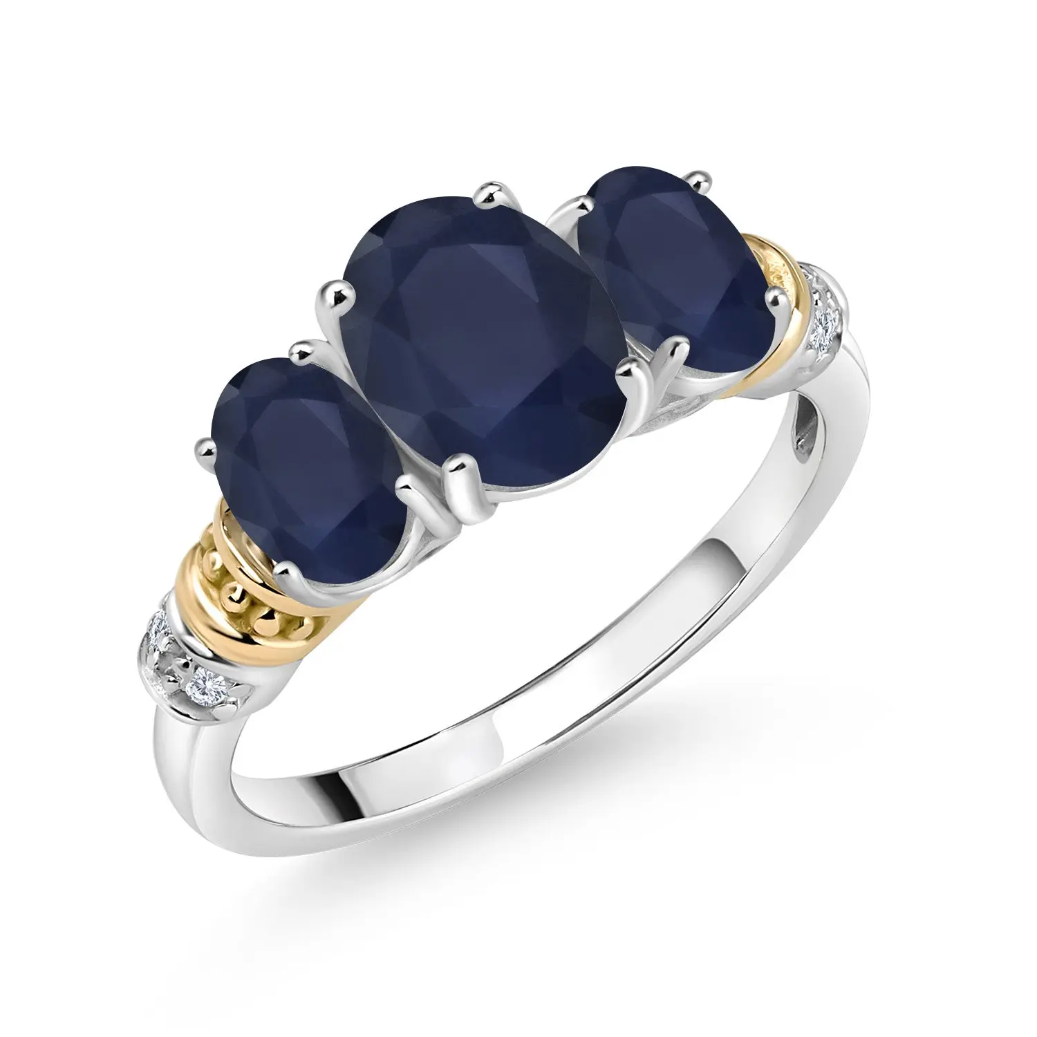 Gem Stone King 2.94 Cttw Oval Blue Sapphire and White Diamond 3-Stone Ring For Women | 925 Silver and 10K Yellow Gold | Gemstone Birthstone | Wedding Engagement Anniversary Ring For Women, Bridal Rings, Wedding Engagement Band, Engagement Rings