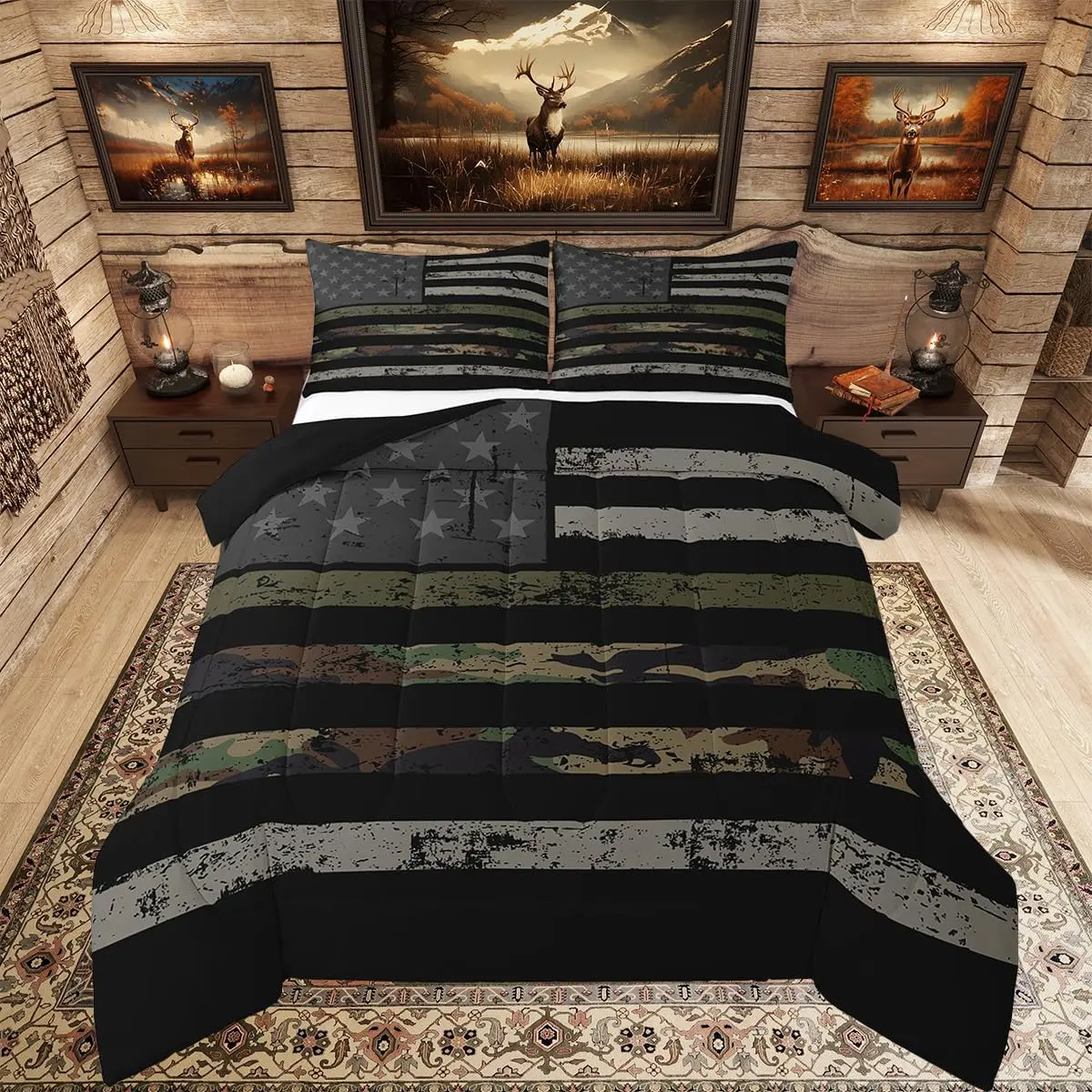 American Flag Camo Bedding Set Military Hunting Duvet Quilt Rustic Camouflage Print Comforter Set Breathable Soft Microfiber