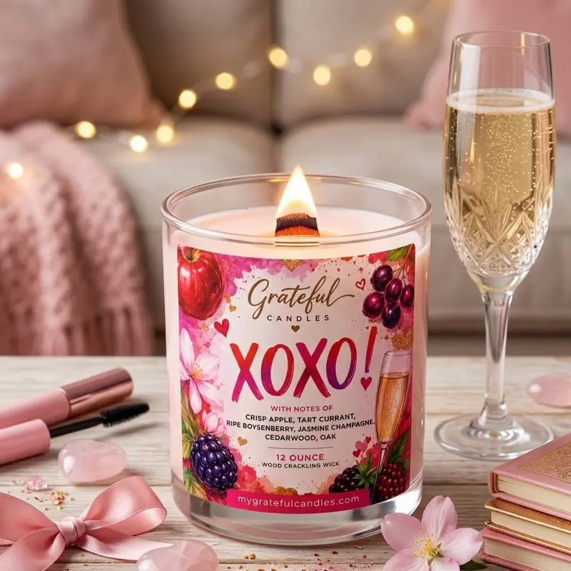 Xoxo Valentine Candle - 12 oz Soy Wax with Apple Currant Boysenberry Peony Jasmine Champagne Honey Vanilla Birchwood Musk