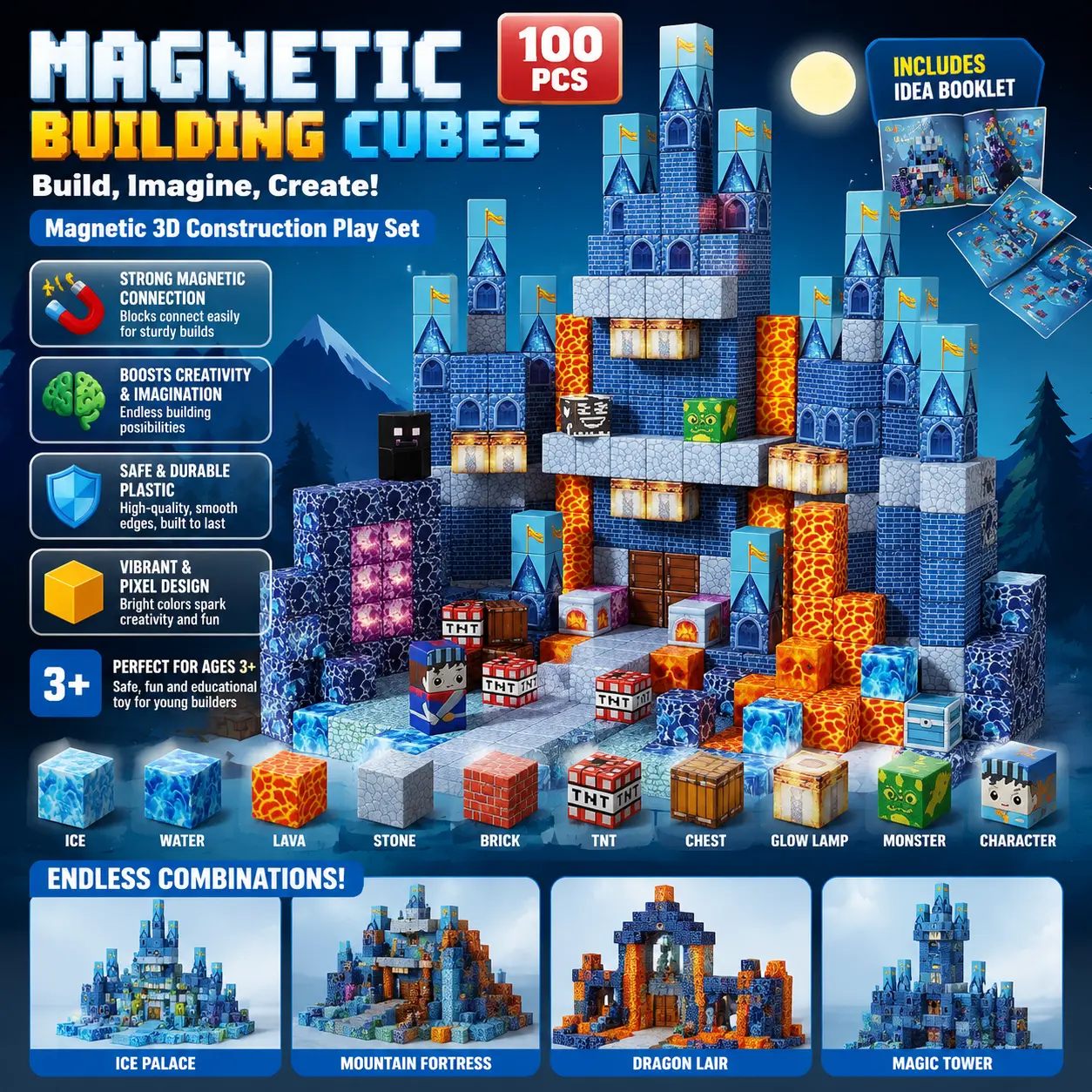 Magnetic Cube Building Blocks for Kids Age 3+, 3D Stereo Educational Creative Plastic Assembly Toy Gift