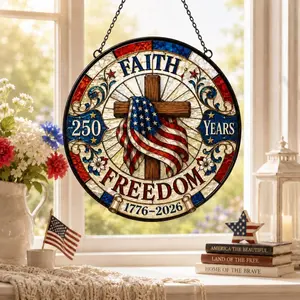 Faith Freedom 250 Years Glass Suncatcher, 1776-2026 Patriotic Cross Window Hanging, America 250th Anniversary Decor, 4th of July Christian Gift, Liberty Bell Style Ornament