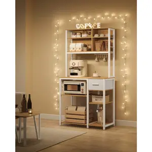 Bakers Rack  Charging Station, Coffee Bar  Adjustable Storage Shelves, Fabric Drawer, 12 Hooks, 15.7 X 31.5 X 71 Inches, Kitchen Microwave Stand with