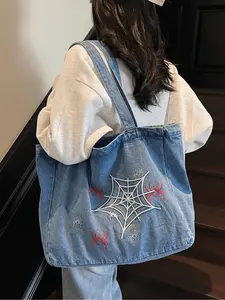 Spider Web & Spider Embroidery Design Tote Bag, Large Capacity Denim Shoulder Bag for Women, Casual Trendy Versatile High-quality Daily Commuting Bag, Casual Commuter Bag