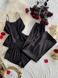 Women's 3-Piece Plain Knit Fitted Tank Short Pants Long Pants Sleepwear Set, Perfect for Romantic Nights, Sexy Fashion