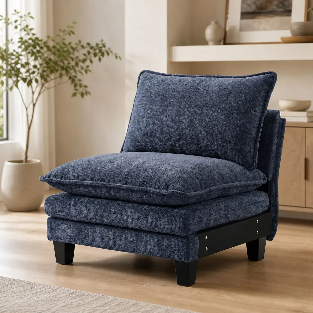 Armless Blue Grey Chenille Accent Chair Modern Modular Single Sofa Chair Comfy Oversized Club Chair for Living Room Reading Nook Relaxation 27.56Wx34.65Dx33.86H, Blue Color Options, Chenille Material, 1 Seat Seat Count, Product Dimensions: