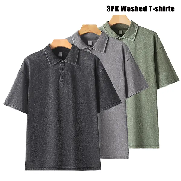 Men's 3-Pack Basic Polo Shirts, Vintage Acid Wash Heavyweight 100% Cotton Tops with a Baggy Short Sleeve Fit for Summer Sports, Fitness, Plain, Shortsleeve, Menswear, Set, Loose, Casual, Baggy Cut, Gym Athletic Clothes, Athletic Training Tops, Loose-Fit