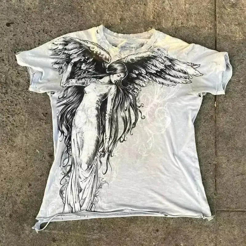 Classic Y2K Gothic Style T-shirt Print Oversized T Shirt High Street Shirts Gothic Round Neck Cotton Tops New Mens Women T Shirt