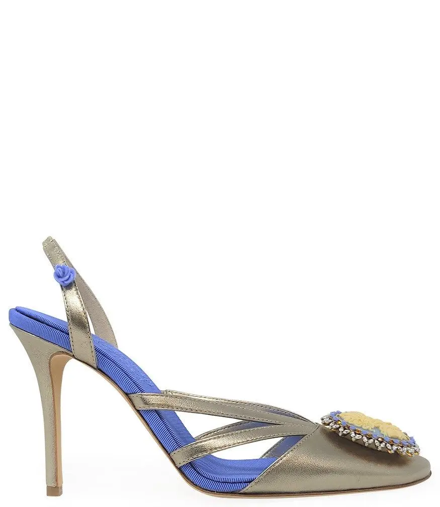 Madison Maison Blue Gold Leather Cameo High Heel Slingback